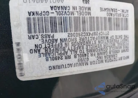 1999 Toyota Camry Solara Se V6 z USA, uszkodzony, nr VIN 2T1CF28P4XC260362